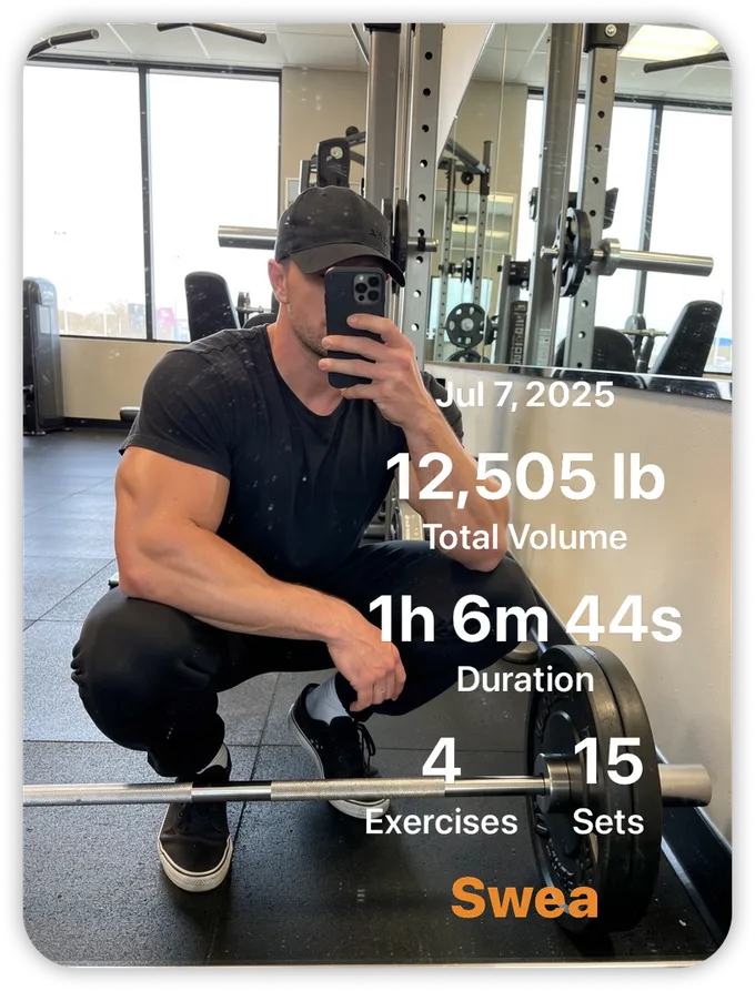 A Swea workout summary shared over a photo