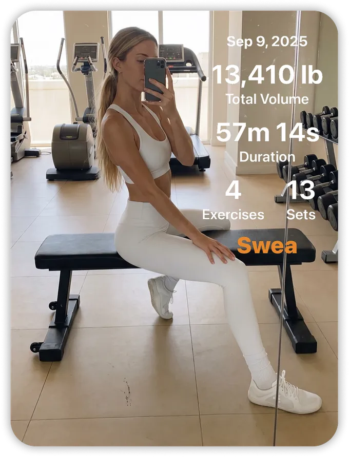 A Swea workout summary shared over a photo